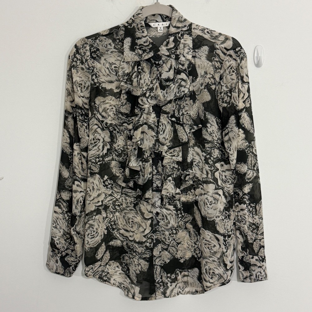 Cabi Womens Irresistible Blouse S Black Sheer Ruffle Floral Whimsigoth Romantic